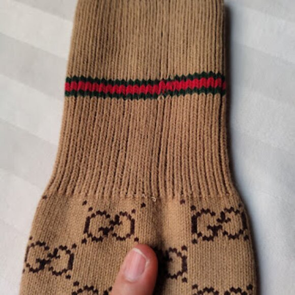 GUCCI | Web Stripe Camel Brown GG Logo Jacquard Knit Calf Socks Unisex Pre-Owned - Picture 7 of 11